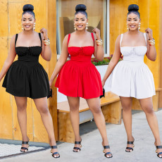 Fashionable women's summer sexy shoulder strap waist cinching jumpsuit short skirt new