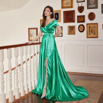 Solid color V-neck elegant trailing straight neck foreign trade long style slit long style banquet dress