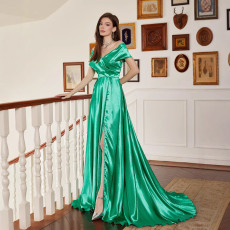 Solid color V-neck elegant trailing straight neck foreign trade long style slit long style banquet dress