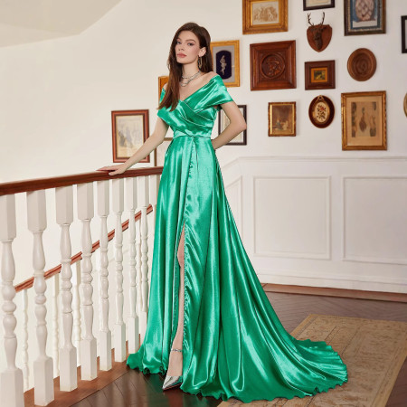 Solid color V-neck elegant trailing straight neck foreign trade long style slit long style banquet dress
