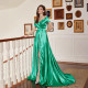Solid color V-neck elegant trailing straight neck foreign trade long style slit long style banquet dress