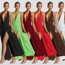 Fashionable women's summer sexy hanging neck backless slit dress