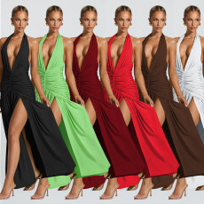Fashionable women's summer sexy hanging neck backless slit dress