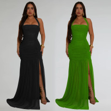 Fashionable women's summer mesh sexy slit solid color dress
