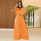 Fashionable women's casual solid color V-neck lace up wide leg jumpsuit