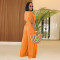 Fashionable women's casual solid color V-neck lace up wide leg jumpsuit