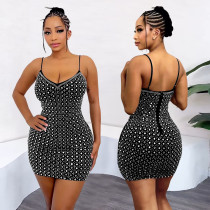 Fashion women's hot pressed diamond sleeveless suspender, hip hugging short skirt dress