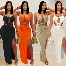 Fashionable women's sexy knitted halter neck backless solid color dress
