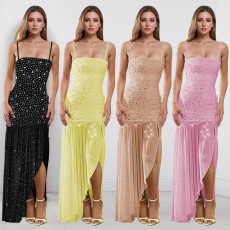 Fashionable women's summer sexy rhinestone suspender slit dress