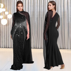 Fashionable women's temperament, hip hugging, sexy mesh, rhinestone hot stamping dress