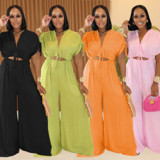 Fashionable women's casual solid color V-neck lace up wide leg jumpsuit