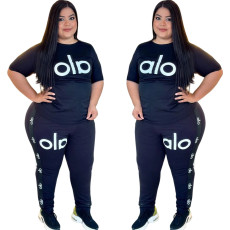 Large size women's summer new fashionable and simple ribbon short sleeved pants set
