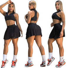 Summer new sports sleeveless high waisted V-neck yoga pleated skirt quick drying anti glare short skirt set