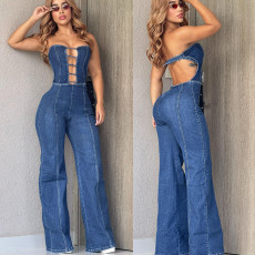 Beauty outfit strapless backless slim fit straight leg wide leg denim jumpsuit