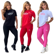New fashionable cotton round neck short sleeved top+high elasticity and quick drying yoga fabric pants set in stock