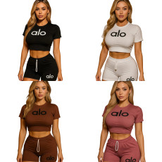 Summer new minimalist style high elasticity slim fit and slimming round neck short sleeved shorts with exposed navel set