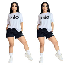 Women's summer new black embroidered round neck short sleeved shorts set in stock