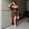 Strapless one shoulder short top paired with an irregular ruffled skirt with solid color, two pieces