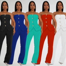 Fashion women's temperament strapless breasted breasted top and pants two-piece set