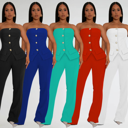 Fashion women's temperament strapless breasted breasted top and pants two-piece set