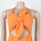 Elegant commuting in Europe and America, solid color, twisted decoration, drawstring, neck strap, dress