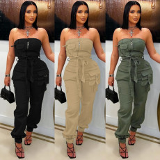 Casual commuting solid color multi pocket ankle binding workwear strapless jumpsuit