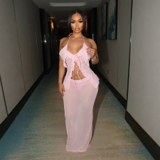 Sexy perspective set with lace up sleeveless cardigan and fashionable half skirt long skirt two-piece set for women