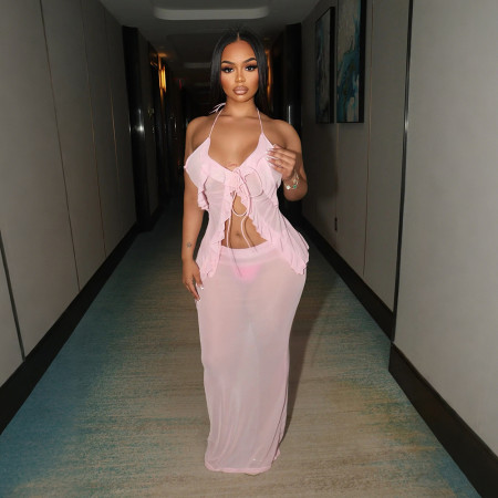 Sexy perspective set with lace up sleeveless cardigan and fashionable half skirt long skirt two-piece set for women