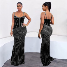 Fashionable women's sexy slim fit rhinestone suspender bag arm dress