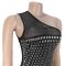 Fashionable women's sexy mesh rhinestone slanted shoulder sleeveless dress