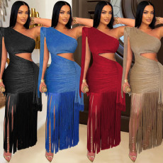 Fashionable women's sexy casual one shoulder tassel long dress