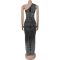 Fashionable women's sexy mesh rhinestone slanted shoulder sleeveless dress