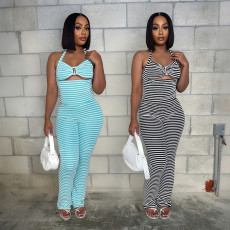 Short sexy top paired with slim pencil pants for foreign trade two-piece set with jacquard stripes