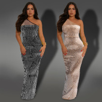 Fashionable women's sexy mesh rhinestone slanted shoulder sleeveless dress