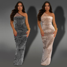 Fashionable women's sexy mesh rhinestone slanted shoulder sleeveless dress