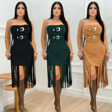 Fashionable women's sexy sleeveless strapless backless fringe dress