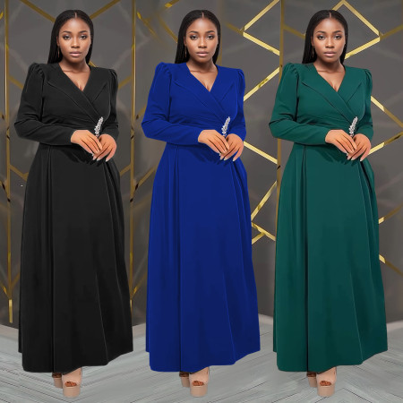 Fashionable women's dress with a cinched waist and crossed collar, long sleeved dress