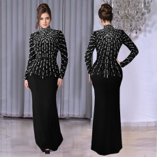 Fashionable women's temperament long sleeved nail bead rhinestone wrapped arm dress