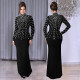 Fashionable women's temperament long sleeved nail bead rhinestone wrapped arm dress