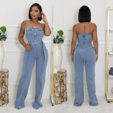 Strapless tight waist slim fit elastic wash denim jumpsuit jumpsuit wide leg pants