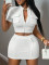 Casual street minimalist small stand up collar 3D pocket decoration, wide shoulder short sleeved zipper top+skirt  4COLORS