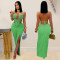 Fashionable women's sexy knitted halter neck backless solid color dress