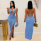 Fashionable women's sexy knitted halter neck backless solid color dress