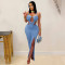 Fashionable women's sexy knitted halter neck backless solid color dress