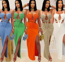 Fashionable women's sexy knitted halter neck backless solid color dress