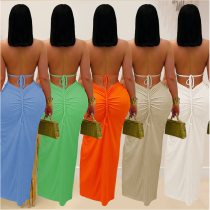 Fashionable women's sexy knitted halter neck backless solid color dress