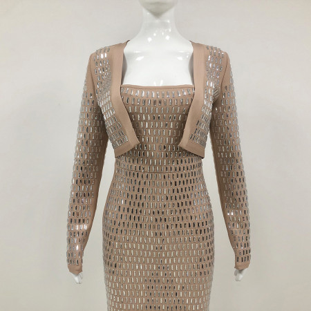 Foreign trade banquet evening dress, socialite full diamond long sleeved jacket, bandage jacket, women's style   This top is paired with SW6962 to form a set
