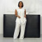 Commuting leisure round neck tied sleeveless cardigan vest wide leg pants two-piece set