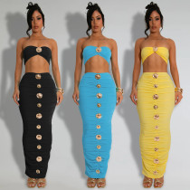 Fashion women's buckle sexy strapless top long skirt two-piece set