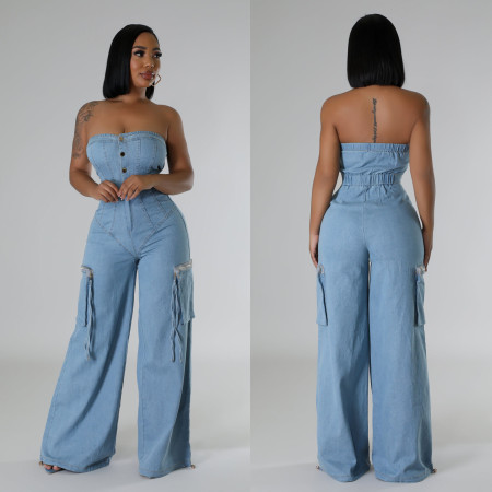 Casual and fashionable strapless women's slim fit denim jumpsuit work pants